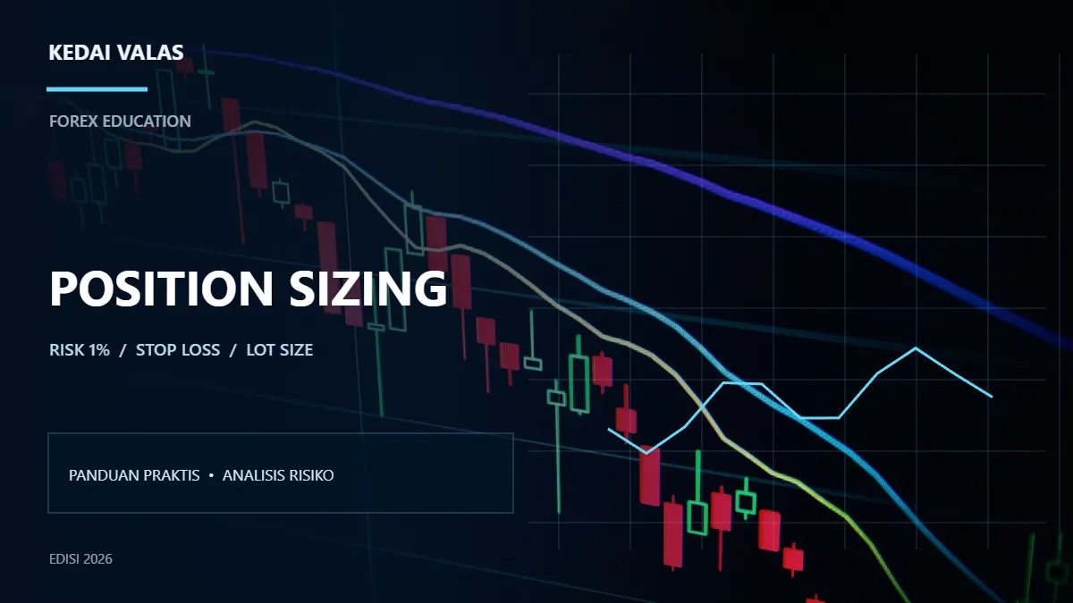Trader profesional menghitung ukuran lot forex berdasarkan risiko satu persen dan jarak stop loss pada layar grafik