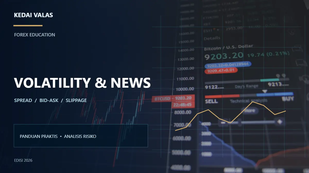 Monitor trading forex saat berita ekonomi menunjukkan perubahan volatilitas dan spread Bid Ask